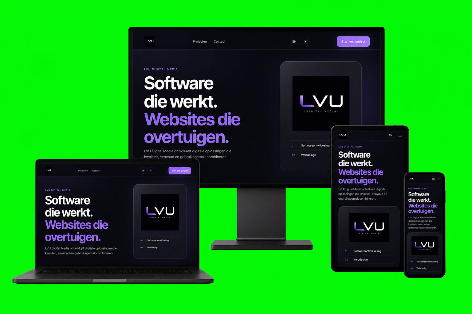 LVU Digital Media-website weergegeven op desktop, laptop, tablet en smartphone