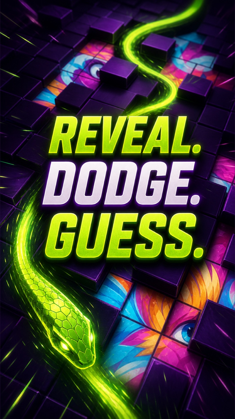 Snake Reveal campagnebeeld met een groene slang en reveal-raster